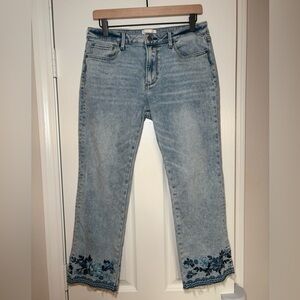 Driftwood Colette Embroidered Ankle Jeans Floral Hem Raw Edge Size 30